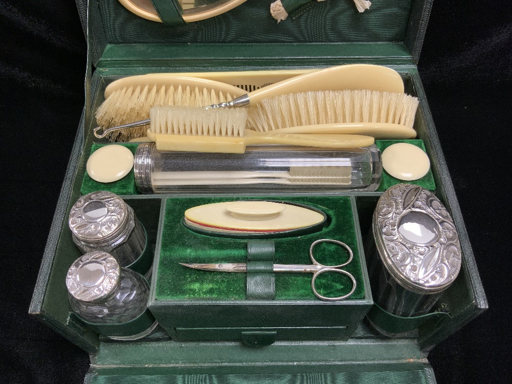 A 1938 TOILET/GROOMING BOX EXTENSIVELY FITTED WITH 4 SILVER TOP BOTTLES - BIRMINGHAM 1938, AND - Image 2 of 4