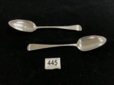 PAIR OF GEORGE III HALLMARKED SILVER TABLESPOONS DATED 1806 BY WILLIAM SEAMAN; 22.5CM; 129 GRAMS