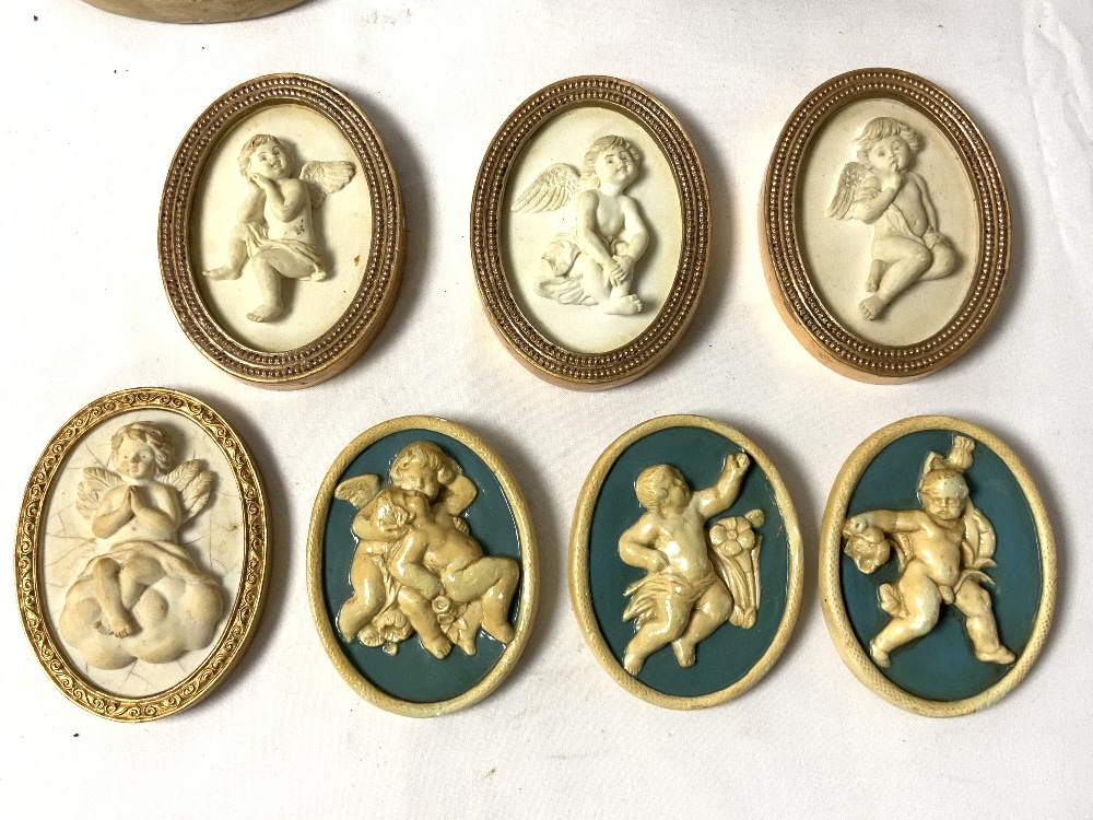 SEVEN OVAL MINIATURE PLAQUES OF CHERUBS, ANOTHER OF PUTTI AND TWO RED POTTERY PIECES. - Image 2 of 4