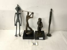 TWO GIOCOMMETI STYLE METAL FIGURES, 20 CMS, METAL BEAR SOUVENIR FIGURE AND METAL TRIBAL FIGURE.