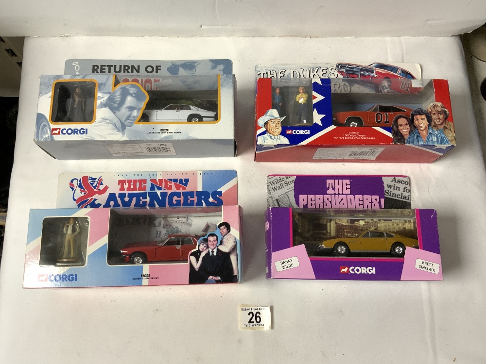 FOUR BOXED CORGI CAR SETS - RETURN OF THE SAINT, THE NEW AVENGERS, DUKES OF HAZARD AND THE