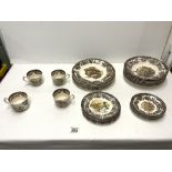 PALISSY GAME SERIES PORCELAIN DINNER PLATES AND 4 CUPS AND SAUCERS; 25 PIECES.