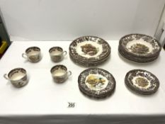 PALISSY GAME SERIES PORCELAIN DINNER PLATES AND 4 CUPS AND SAUCERS; 25 PIECES.