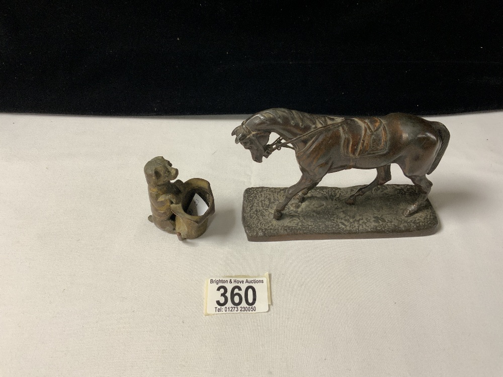 ONE RESIN HORSE AND A VICTORIAN COLD-PAINTED CAST BRONZE MATCH HOLDER OF A DOG, THE LARGEST; 10CM