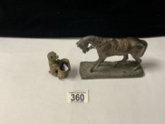 ONE RESIN HORSE AND A VICTORIAN COLD-PAINTED CAST BRONZE MATCH HOLDER OF A DOG, THE LARGEST; 10CM