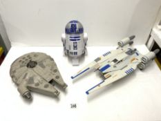 STAR WARS TOY STAR FIGHTER, MILLENIUM FALCON AND R2-D2.
