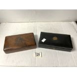CARVED HARDWOOD CIGARETTE BOX FOR THE ROYAL ARMY VETINARY CORPS AND A SWEDISH LEATHER CIGARETTE