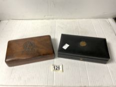 CARVED HARDWOOD CIGARETTE BOX FOR THE ROYAL ARMY VETINARY CORPS AND A SWEDISH LEATHER CIGARETTE