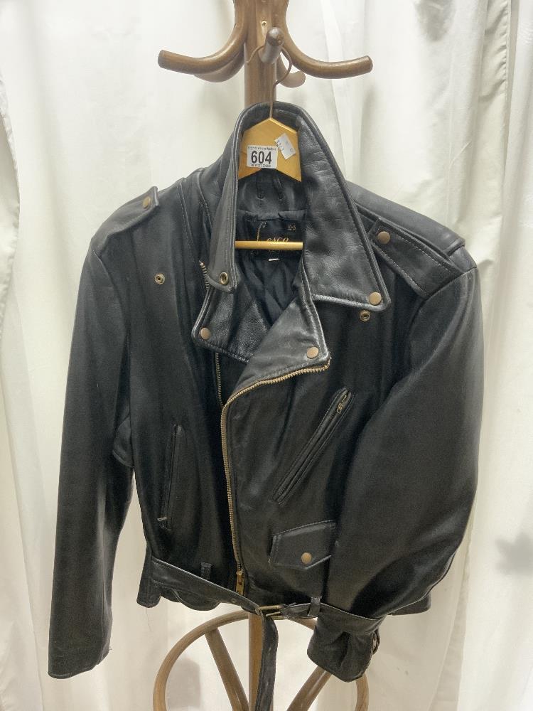 A BLACK LEATHER BIKERS JACKET BY LESCO LEATHERS; SIZE 44.