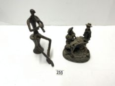 IRON SCULPTURE FIGURE OF MAN PLAYING CLARINET, 23 CMS AND A BRONZED FIGURE ' HARVEST TIME '.