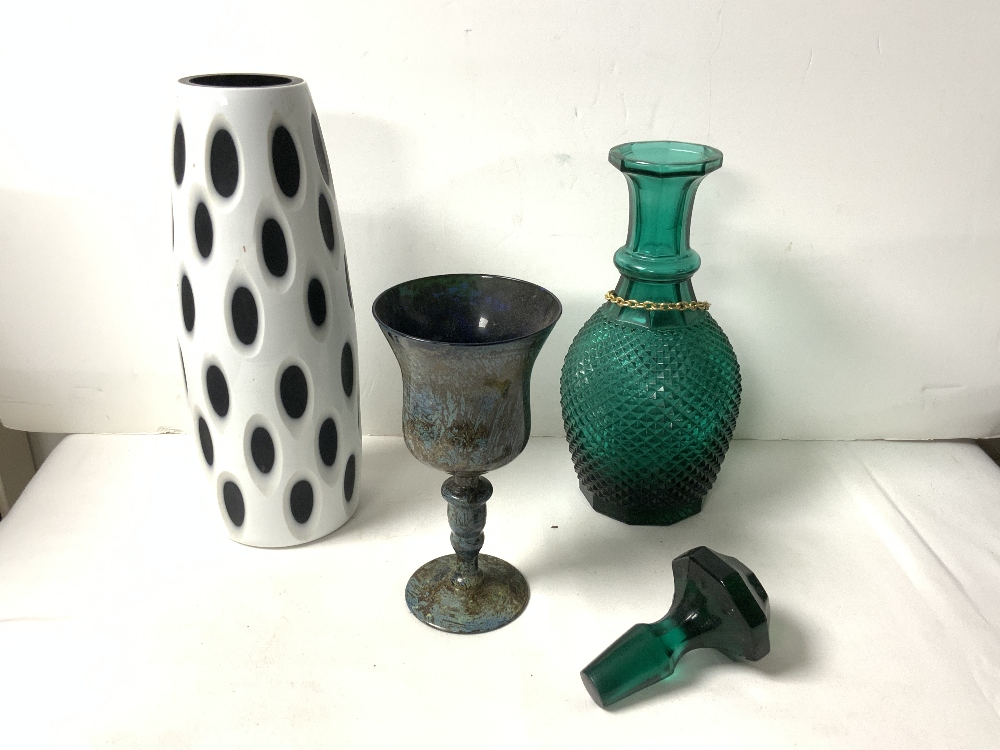 WHITE OVERLAY GLASS VASE, 27 CMS, GREEN GLASS HOBNAIL DECANTER, GOZO GLASS PAPERWEIGHT AND OTHER - Image 4 of 5