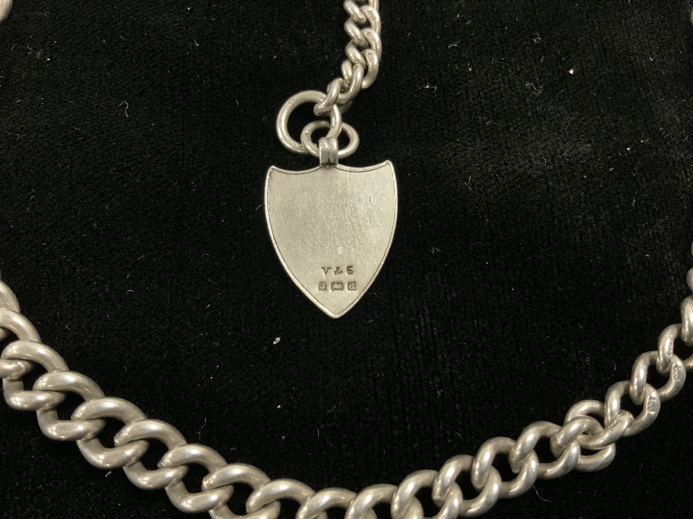 EDWARIAN HALLMARKED SILVER WATCH CHAIN; 36CM. BIRMINGHAM 1902 WITH SHIELD SHAPED FOB; 47 GRAMS - Image 3 of 3