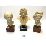 A WHITE PLASTER BUST OF CHOPIN AND A PAIR OF RESIN CLASSICAL BUSTS.