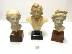 A WHITE PLASTER BUST OF CHOPIN AND A PAIR OF RESIN CLASSICAL BUSTS.