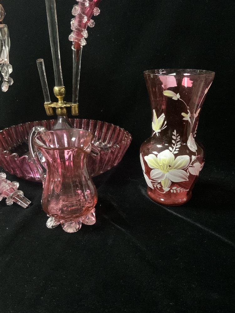 VICTORIAN CRANBERRY GLASS 3 BRANCH EPERGNE; 50 CMS [ 1 BRANCH BROKEN ], A CRANBERRY JUG AND VASE AND - Image 2 of 4