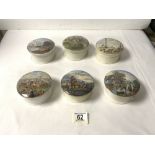 SIX VICTORIAN PRATTWARE POT LIDS WITH BASES INCLUDING " TRAFALGER SQUARE " DERBY DAY AND PEGWELL