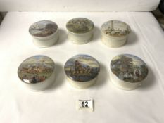 SIX VICTORIAN PRATTWARE POT LIDS WITH BASES INCLUDING " TRAFALGER SQUARE " DERBY DAY AND PEGWELL