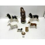 TWO BESWICK ENGLISH BULL TERRIERS, 3 SPANIELS AND 3 OTHER FIGURES.