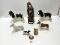 TWO BESWICK ENGLISH BULL TERRIERS, 3 SPANIELS AND 3 OTHER FIGURES.
