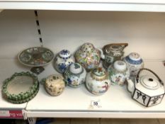 CNINESE CANTON PORCELAIN TEA POT, CHINESE GINGER JARS VARIOUS AND MORE.