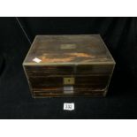 VICTORIAN BRASS BOUND COROMANDEL LADIES TOILET BOX ,THE INTERIOR WITH PLATED FITTINGS AND FITTED