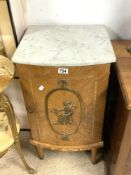 FRENCH BOW FRONTED MARBLE TOP BEDSIDE CABINET WITH APPLIED GILT METAL RELIEF OF CLASSICAL FIGURE,
