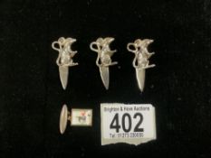 THREE WHITE METAL CHEESE NAME PLATES AS MICE WITH ONE CUFFLINK