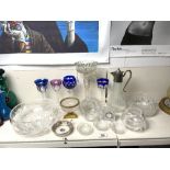 CLEAR CUT GLASS TABLE LUSTRE, 30 CMS, BACCARAT PURPLE WINE GLASS, MOULDED GLASS CLARET JUG,