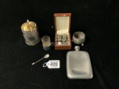 HALLMARKED SILVER CONDIMENT ON BUN FEET; 43 GRAMS, SMALL SILVER AND GLASS COFFEE CUP, PLATED