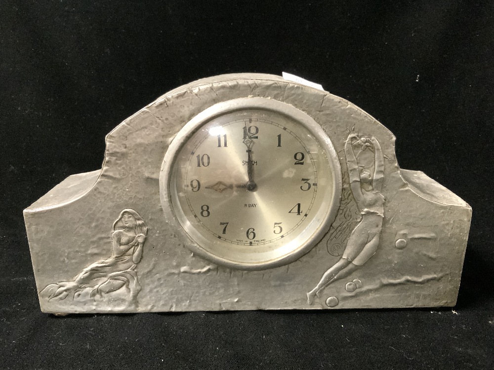 ART NOUVEAU STYLE BEATEN PEWTER MANTEL CLOCK BY SMITHS; 25CM - Image 2 of 4