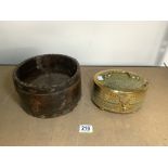 ANTIQUE BRASS PIERCED CRICKET BOX AND INDIAN WOODEN BUCKET.