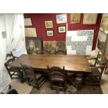 ANTIQUE ENGLISH CARVED OAK TABLE WITH SIX MATCHING CHAIRS 244 X 82CM