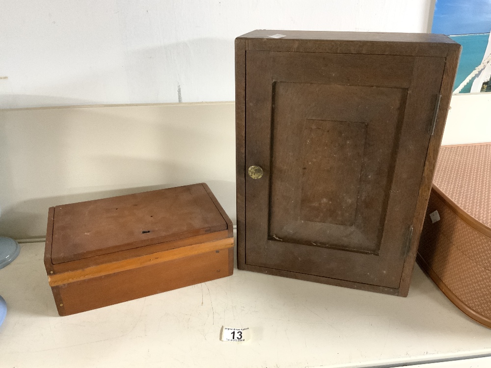 SMALL OAK MEDICINE CABINET, AND A MAHOGANY BOX.