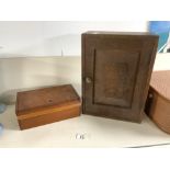 SMALL OAK MEDICINE CABINET, AND A MAHOGANY BOX.