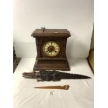 ANSONIA CLOCK COMPANY - NEW YORK - OAK CASED 8 DAY MANTEL CLOCK, CARVED WOODEN CROCODILE, AND LETTER