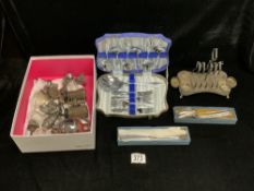 FOUR SILVER PILL BOXES, HALLMARKED SILVER VESTA, CUTLERY AND PLATED ITEMS.