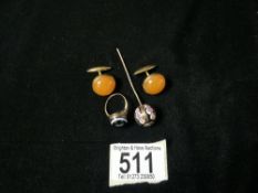 PAIR OF AMBER CUFFLINKS 8CT WITH A 9CT GOLD TIGER EYE RING SIZE M.5 ALSO GOLD MILLEFIORI PIN