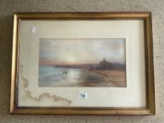 WATERCOLOUR OF A COASTAL SCENE AND PIER, SIGNED H ENOCK, 44X24 CMS.