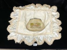 A BABYS SILK COT BLANKET WITH ATTACHED PAPERWORK FOR 1772, AND A VINTAGE CLUTCH BAG.