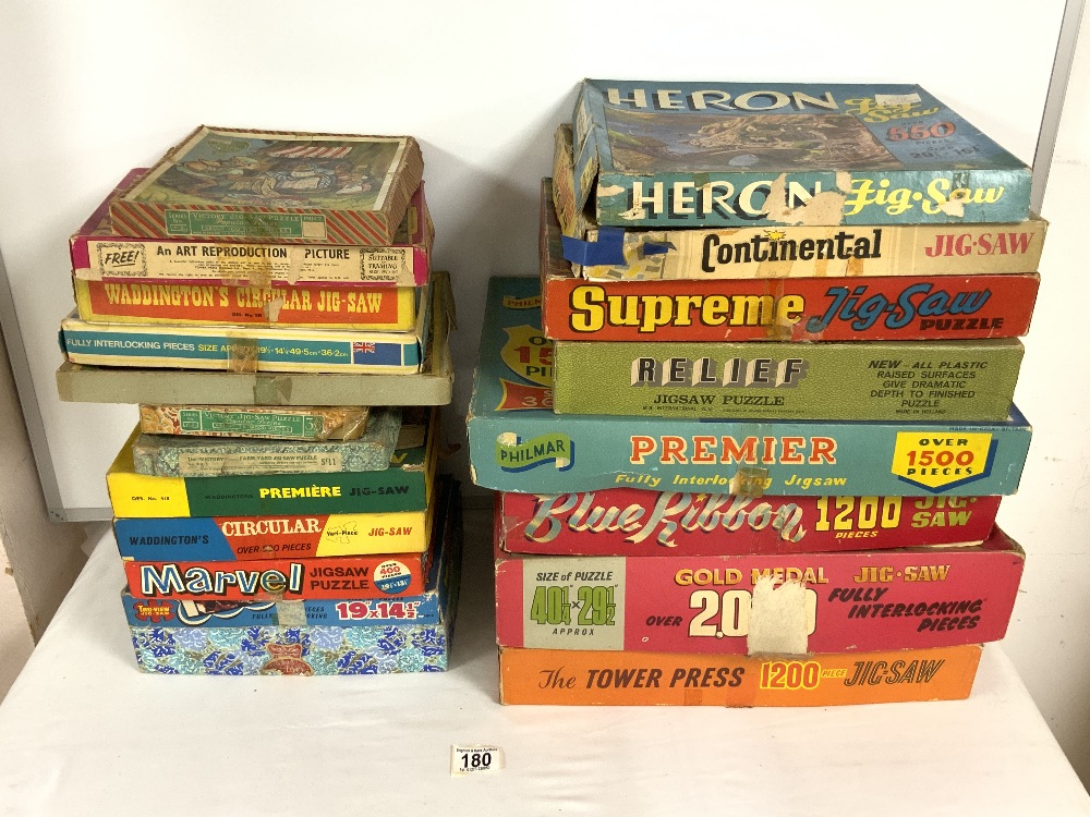 A LARGE QUANTITY OF VINTAGE JIGSAW PUZZLES - MARVEL, BLUE RIBBON, CLEOPATRA AND MORE.