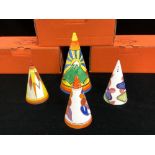 THREE CENTENARY CLARICE CLIFF CONICAL SHAPED SIFTERS - SUN GOLD, BLUE CHINTZ, BERRIES, AND A