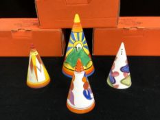 THREE CENTENARY CLARICE CLIFF CONICAL SHAPED SIFTERS - SUN GOLD, BLUE CHINTZ, BERRIES, AND A