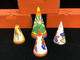 THREE CENTENARY CLARICE CLIFF CONICAL SHAPED SIFTERS - SUN GOLD, BLUE CHINTZ, BERRIES, AND A