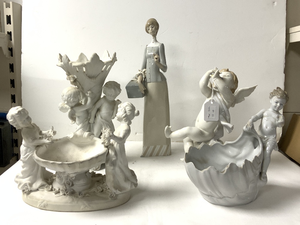 GERMAN PORCELAIN SHELL SHAPE VASE SURMOUNTED BY A PUTTI, 20 CMS, 2 LLADRO FIGURES A/F, AND A - Image 2 of 4