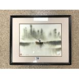 SIGNED CHINESE WATERCOLOUR FIGURE ON A BOAT FRAMED AND GLAZED 54 X 43CM