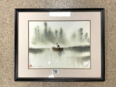 SIGNED CHINESE WATERCOLOUR FIGURE ON A BOAT FRAMED AND GLAZED 54 X 43CM