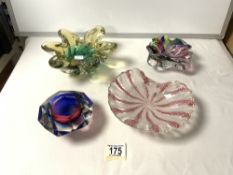 FOUR PIECES OF COLOURED ART GLASS LARGEST 23CM DIAMETER