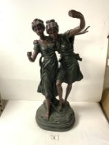 A RESIN BRONZE STYLE FIGURE OF SISTERS - AFTER AUGUSTE MOREAU, A/F. 60 CMS.