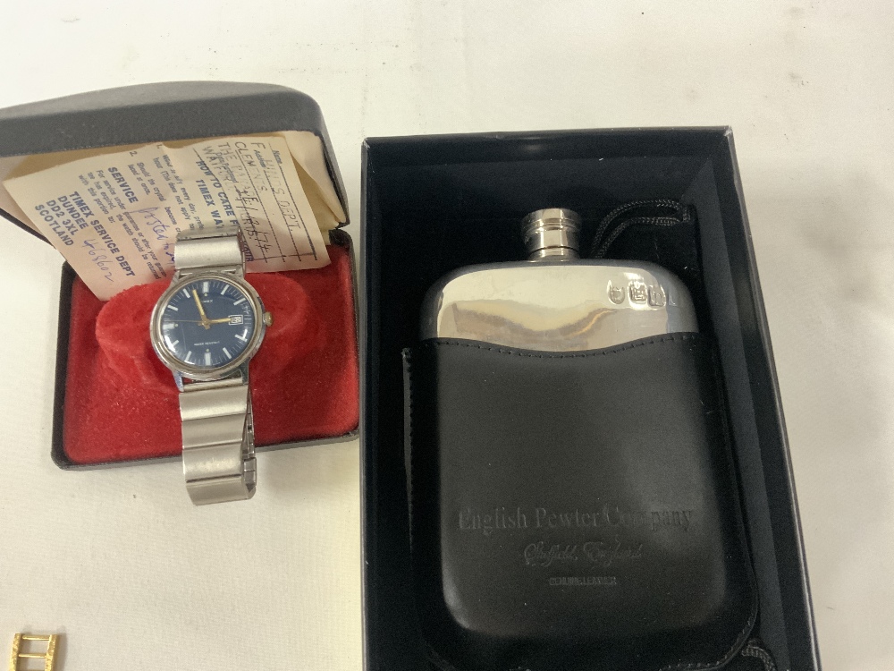 GENTS AVIA WRIST WATCH IN CASE, , GENTS TIMEX WRIST WATCH, OTHER WATCHES, PEWTER HIP FLASK, AND A - Image 4 of 6