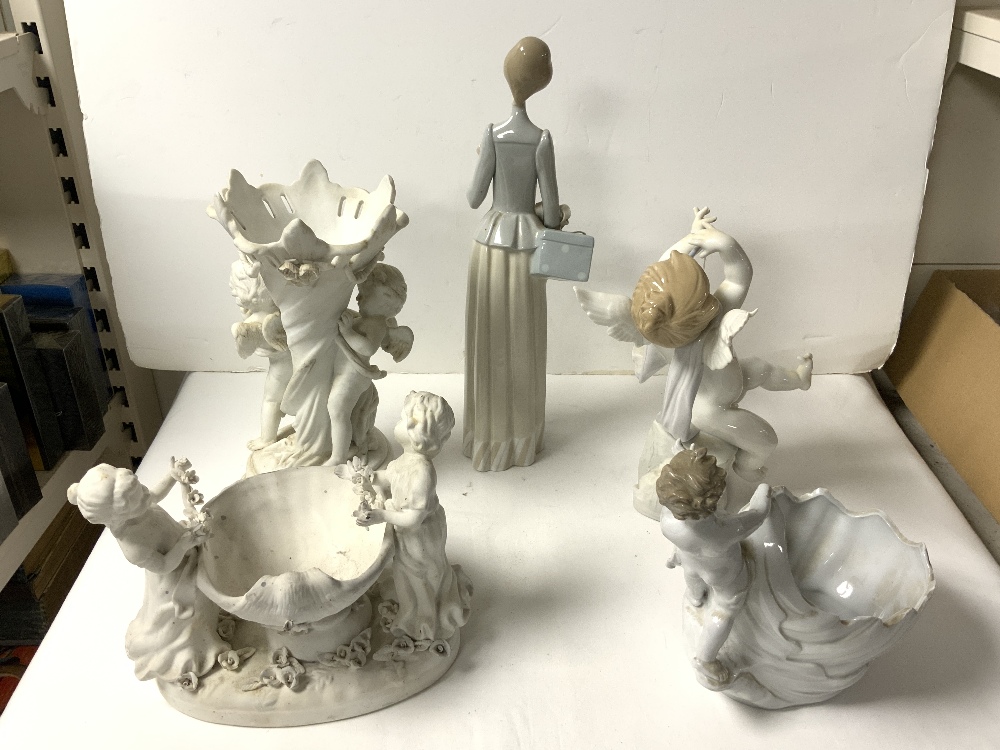 GERMAN PORCELAIN SHELL SHAPE VASE SURMOUNTED BY A PUTTI, 20 CMS, 2 LLADRO FIGURES A/F, AND A - Image 3 of 4